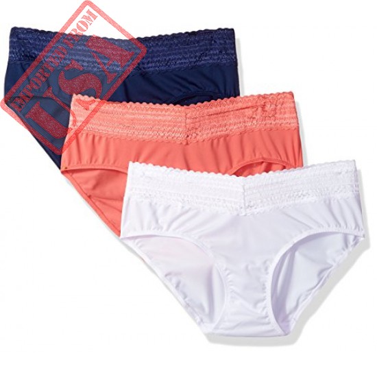 Warner's Women's Blissful Benefits No Muffin Top 3 Pack Lace Hipster Panties, White/Navy Ink/Coral Crush, L