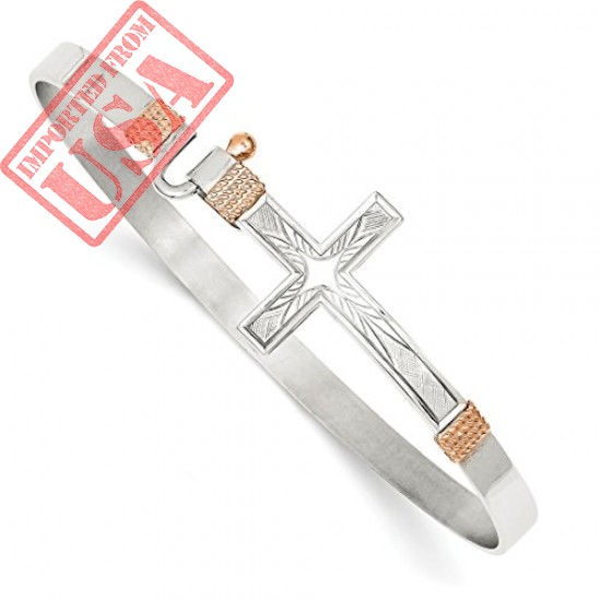 Buy ICE CARATS 925 Sterling Silver 14kt Rose Accent Cross Religious Hook Catch Bangle Bracelet Online in Paksitan