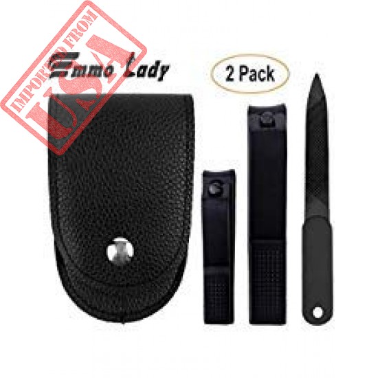 Nail Clippers Set 2PCs Fingernail and Toenail Clippers, Stainless Steel Nail Cutter with Nail Clipper File & Pouch by Emmo Lady (Black)