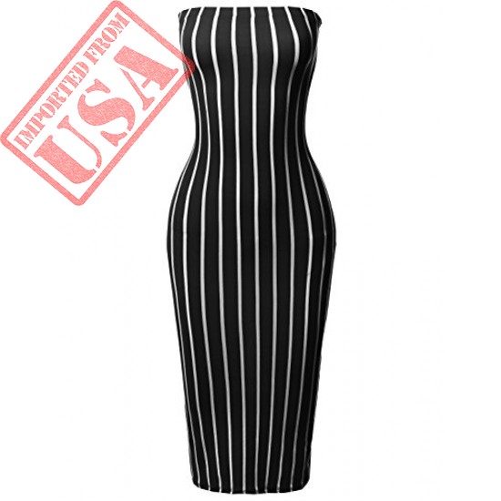 Tight Fit Pinstripe Print Body-Con Tube Midi Dress Black 3XL