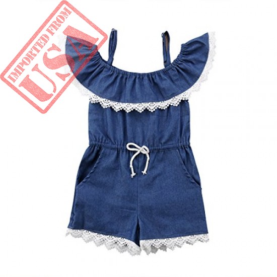 toddler little girl demin off shoulder ruffle pocket romper jumpsuit shop online in pakistan